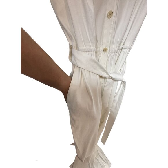 Womens SZ 10 Sleeveless White Linen Blend Belted Jumpsuit Button Front - Picture 5 of 9